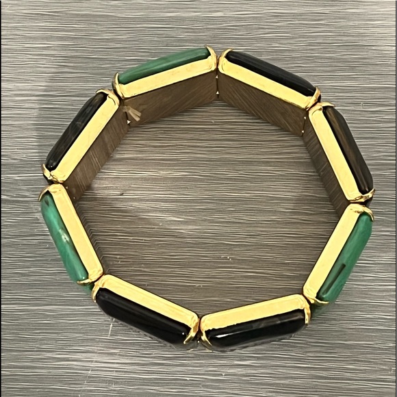 Gold and Plastic Stretch Bracelet with Swirl Design, Red, Turquoise, Brown, Boho - Picture 4 of 5